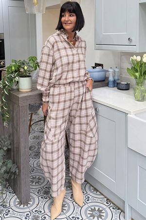 Patrick Plaid Brushed Cotton Barrel Pant Mocha Blush